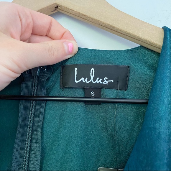 Lulu’s Wrapped Up In Love Dark Green Satin Faux-Wrap Midi Dress NWT - Picture 8 of 13
